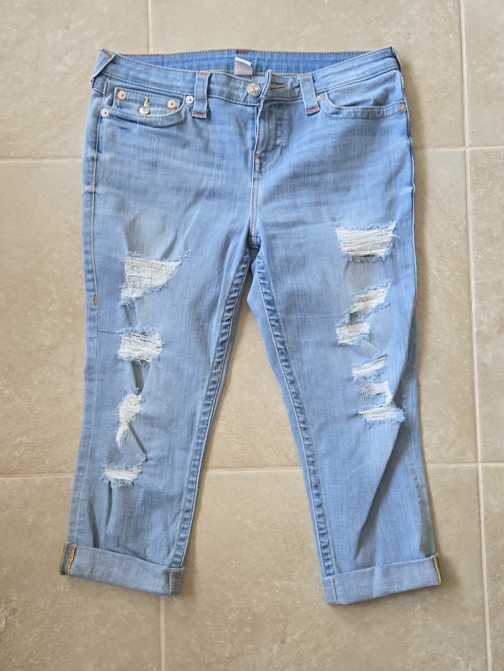 True Religion Light Blue Distressed Women’s Jeans - Casual Rolled Cuff